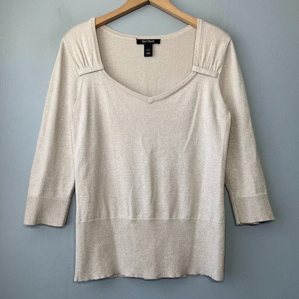 WHBM Size Large Beige Gold Metallic Shimmer Sweater Glam Party Chic Romantic
